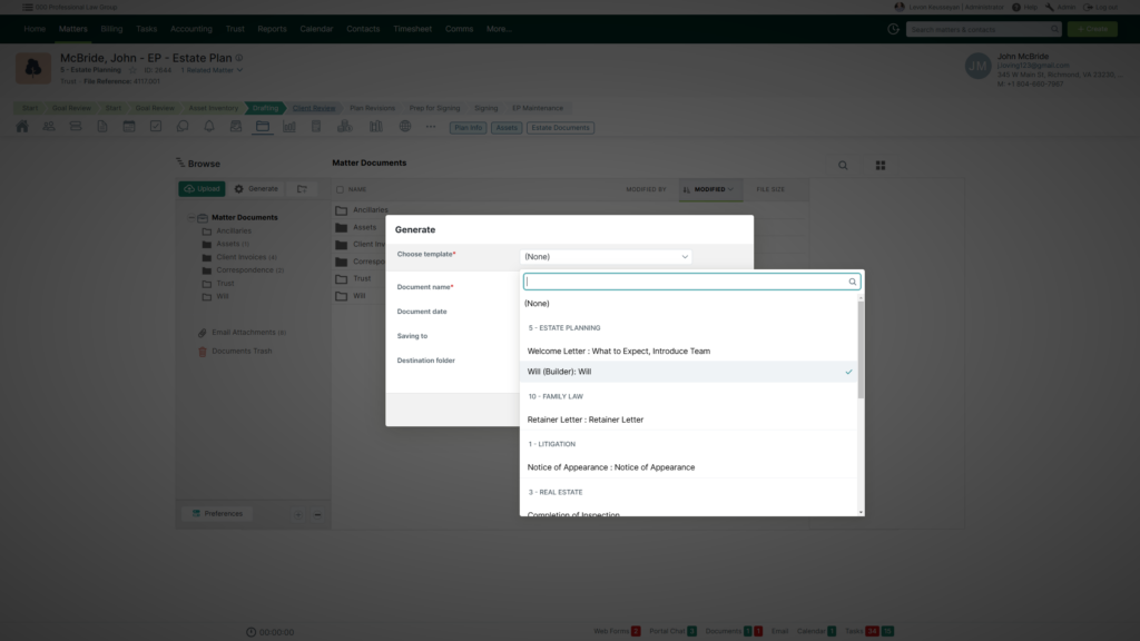 Matter Document Generation