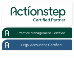 Actionstep Certified Partner Badge with Practice Management and Legal Accounting specialties