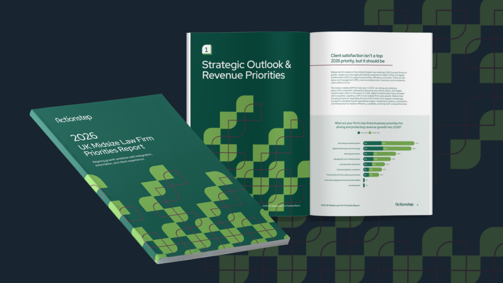 Graphic showcasing the cover and inside spread of the 2026 UK Midsize Law Firm Priorities Report