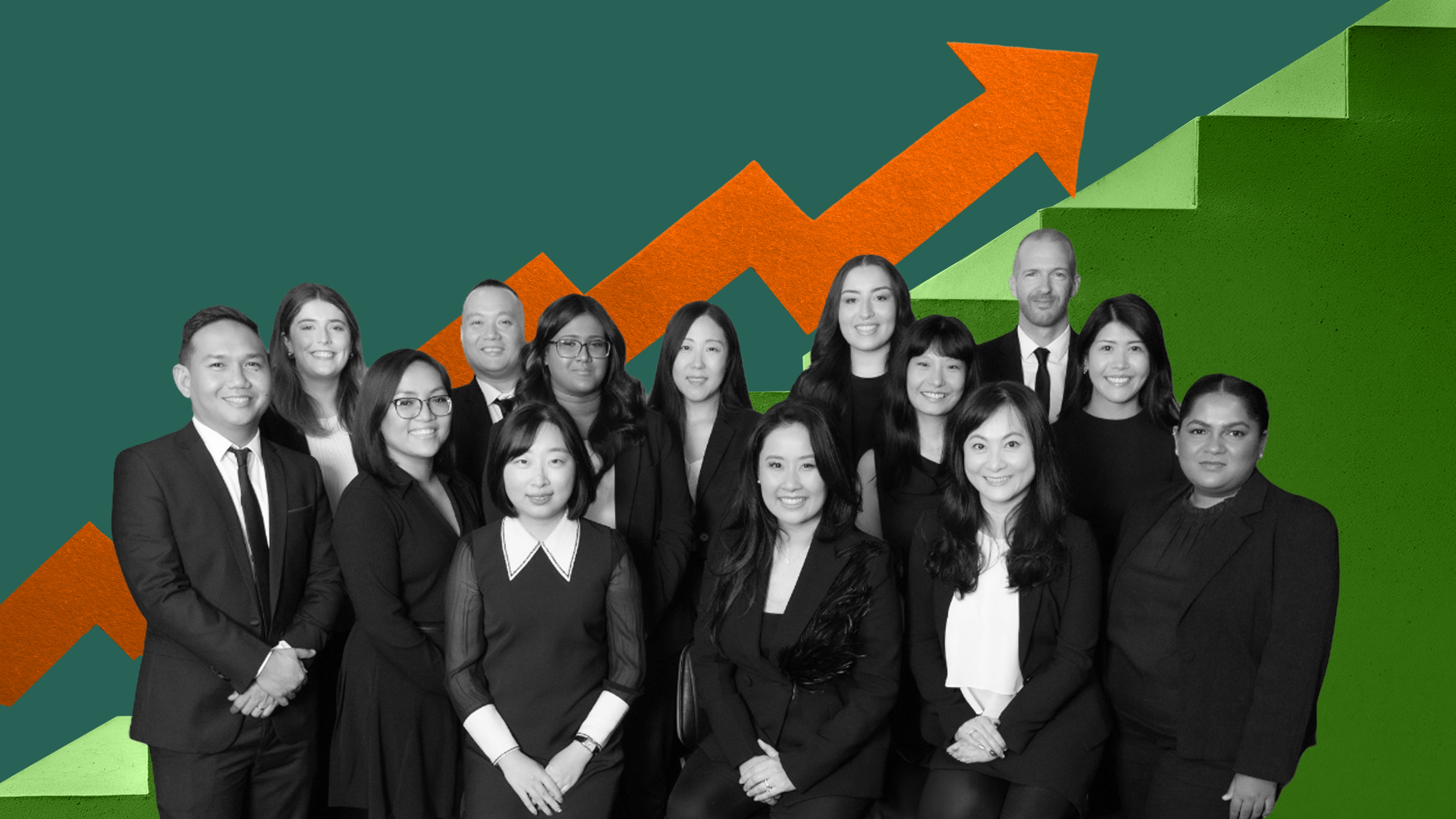 The team of Maison Chen Law Group, an Australian-based migration law firm, smiles in front of a positive growth graph
